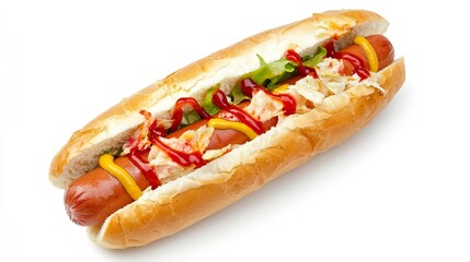 Colorful Hot Dog with Toppings of Ketchup, Mustard and Veggies