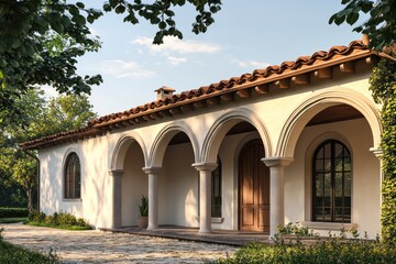 A classic Mediterranean villa with arched doorways, stucco walls, and terracotta roof tiles