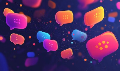 Colorful speech bubbles float, glowing on dark background.