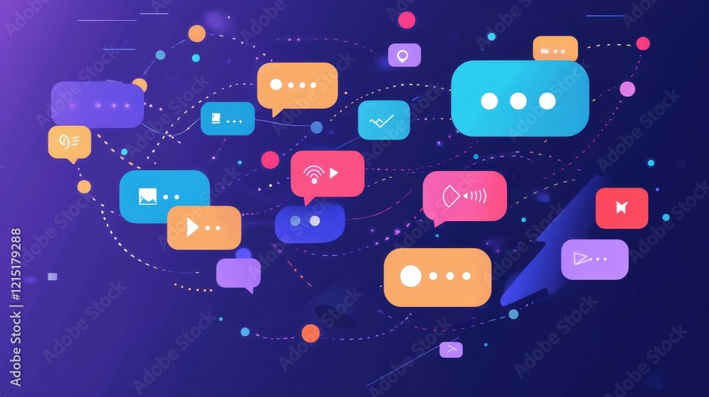 Poster abstract digital communication network; colorful message bubbles.