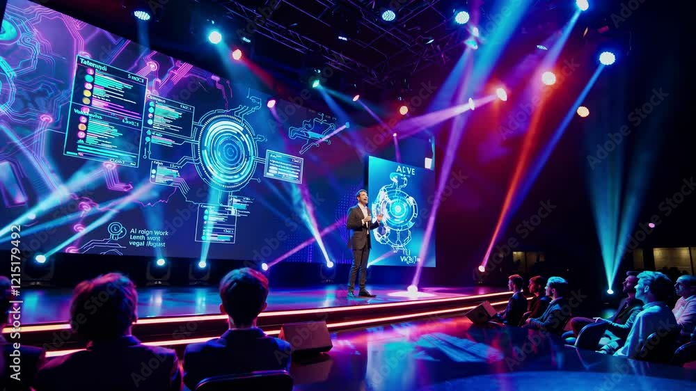 Poster presentation on technology trends at a conference with vibrant lighting and engaging visuals in an a