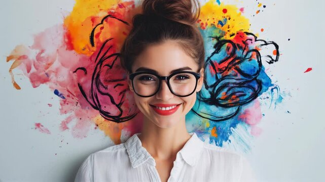 A young woman with stylish glasses stands contently, her eyes closed as vibrant paint splashes surround her, showcasing her creativity and artistic spirit in a bright setting.