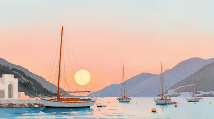 Fototapeta premium serene sunset over tranquil harbor with sailboats and mountains. warm colors create peaceful atmosphere