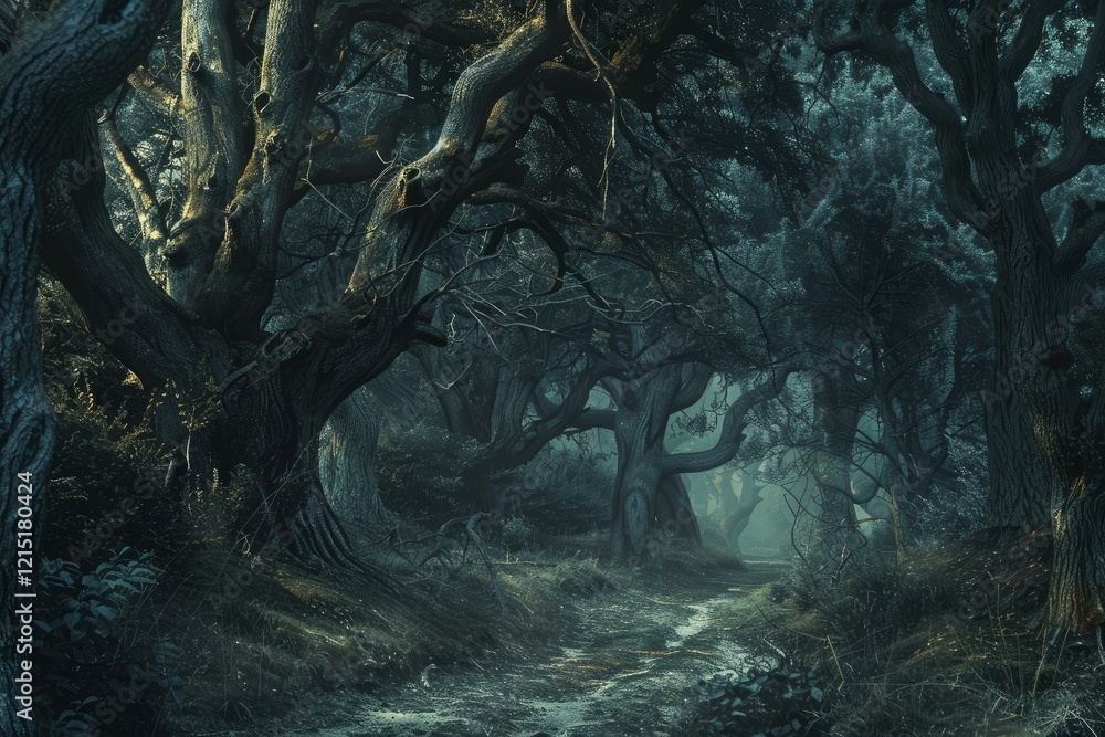 Aufkleber mysterious path winds through a dark forest filled with ancient, gnarled trees, creating a mystical 