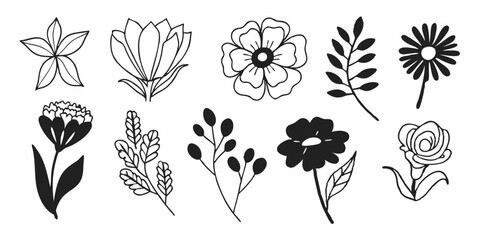 minimal botanical graphic sketch drawing, trendy tiny tattoo design, floral elements vector illustration. Minimal Botanical Sketch Set: Floral Illustrations for Creative Designs.