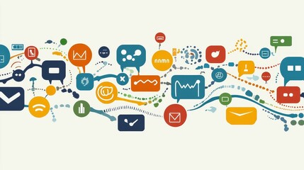 Colorful icons, interconnected network, digital communication.