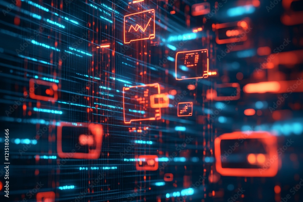 Poster digital data flows with red graphic displays.