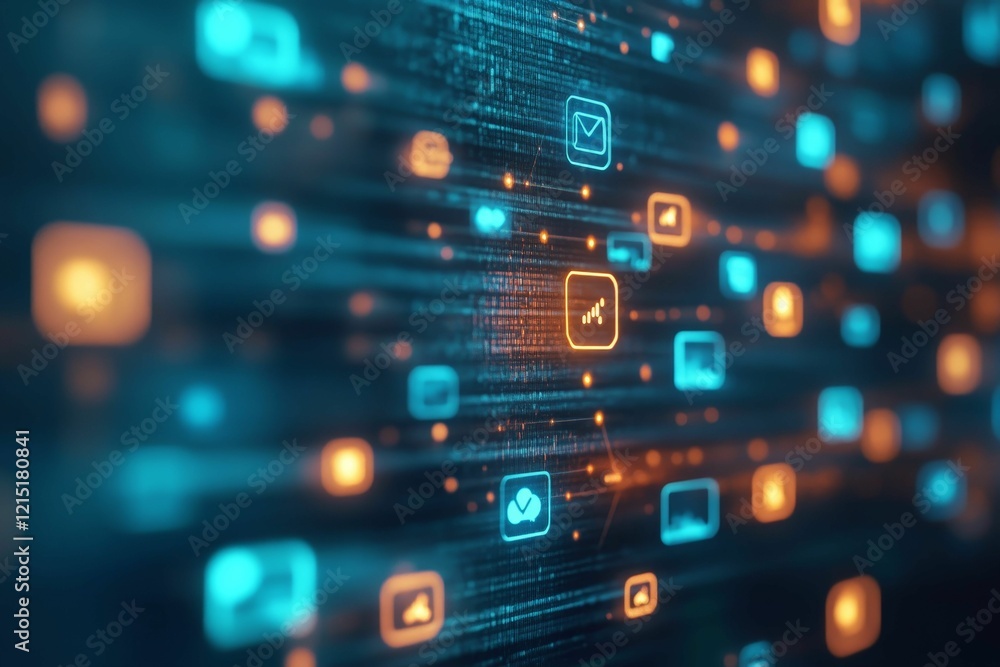 Aufkleber glowing icons float within digital code matrix.