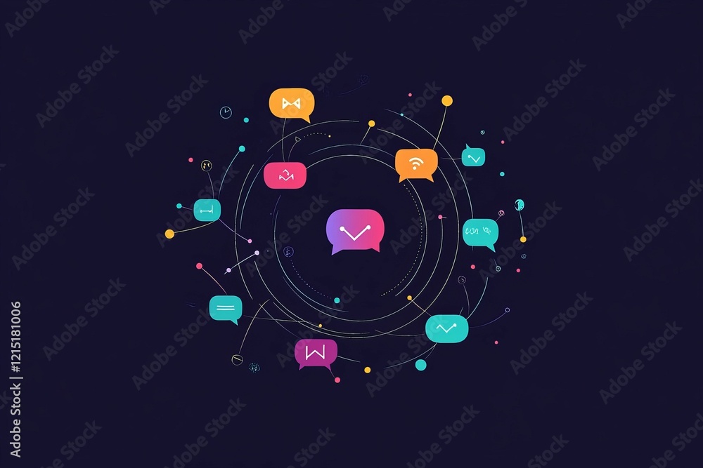 Poster communication bubbles connected with circles and lines on dark background.
