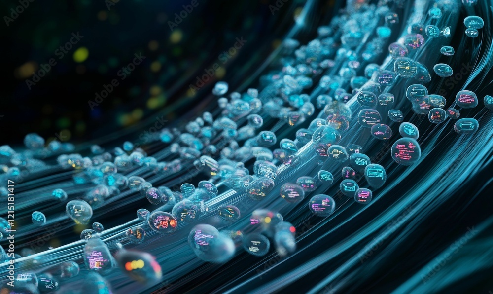 Poster glowing bubbles with symbols float through dark lines.