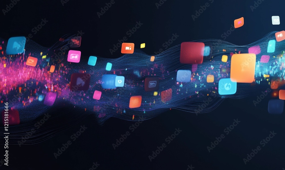 Poster colorful app icons float on stringy dark surface.
