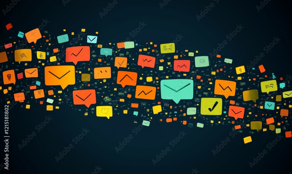 Poster chat bubble icons float on a dark background.