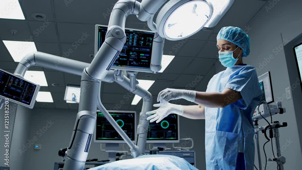Poster surgeon performs advanced medical procedure using robotic technology in modern operating room