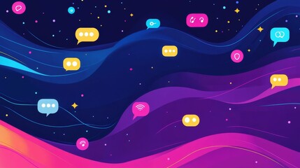 Dark flowing shapes with floating communication icons.
