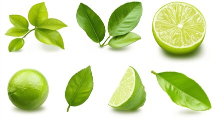 Fresh Green Limes and Leaves Displayed on White Background