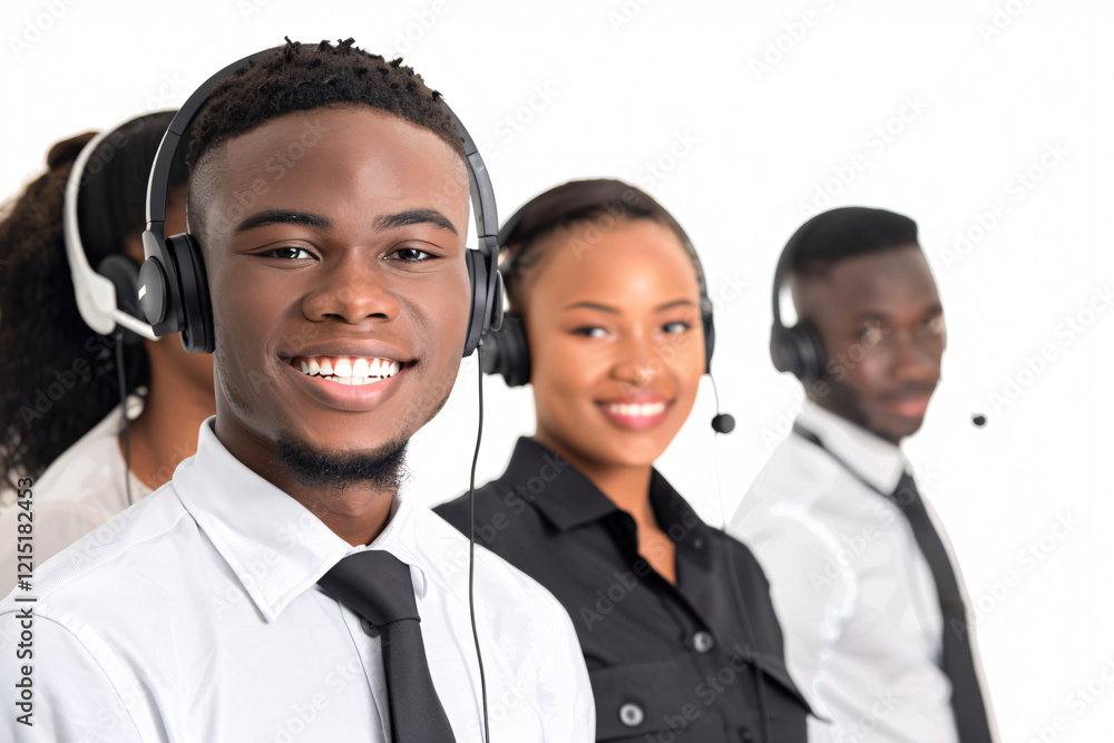 Poster smiling customer service team with headsets