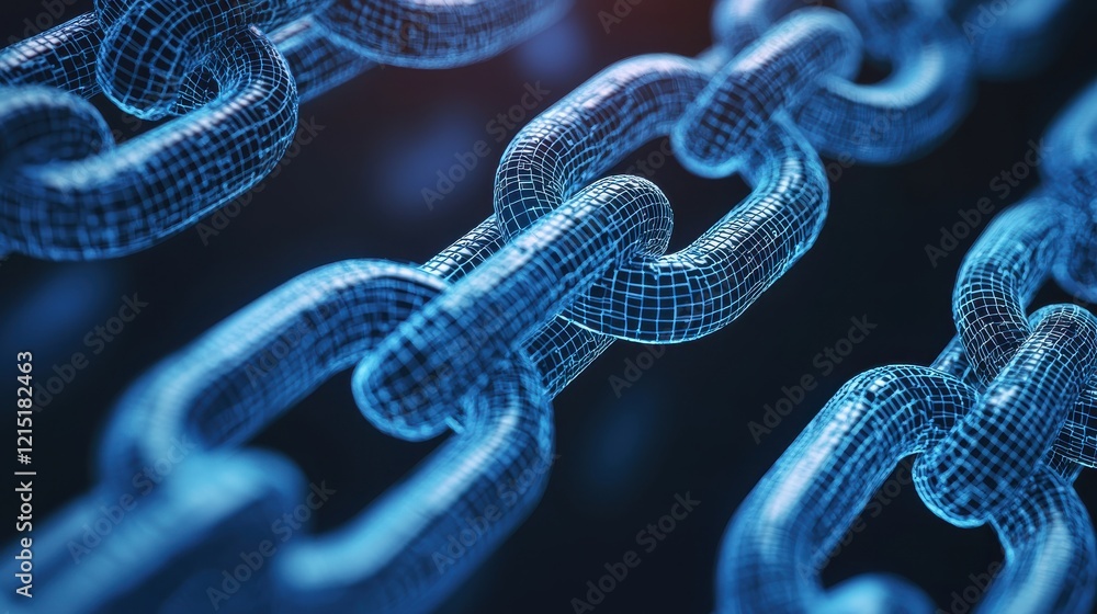 Poster a close-up of a digital representation of interconnected chains, symbolizing strength, connectivity,