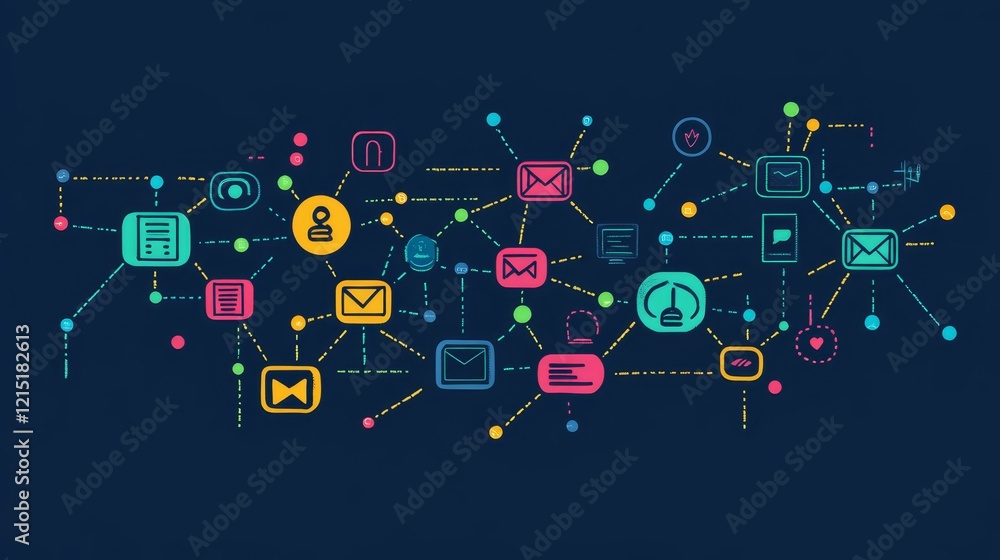Poster colorful network of icons connected by dashed lines.