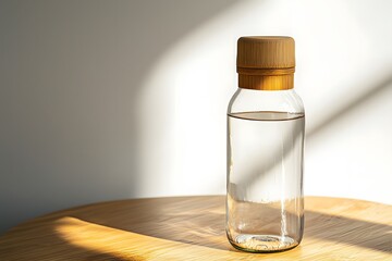 Glass Water Bottle with Bamboo Lid on Wooden Table Sunlit Minimalist Still Life