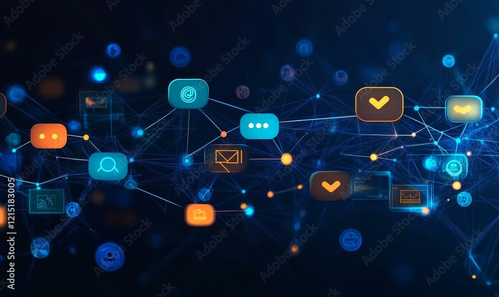 Poster abstract network with icons against a dark backdrop.