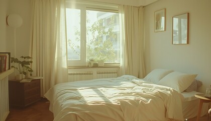 Tidy bedroom with minimalist design, featuring a geometric picture frame