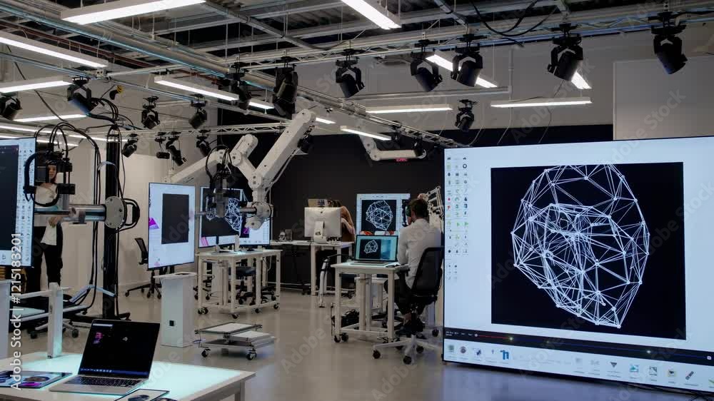 Poster innovative technology studio showcasing advanced digital design and robotic assistance in real-time 