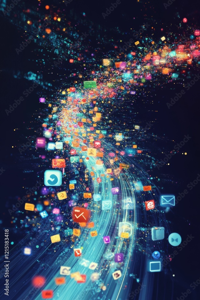 Aufkleber abstract icons float over light streams, dark backdrop.