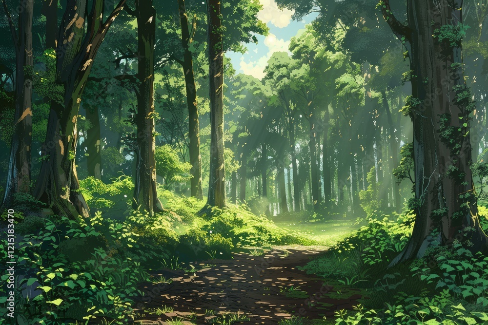 Poster sunbeams illuminate a path through a dense forest, creating a magical atmosphere