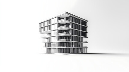 grayscale 3D rendering showcases a modern multistory building with balconies Clean lines and minimalist design are prominent The image is set against a plain white background
