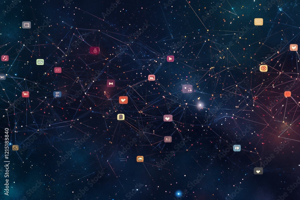 Poster connected icons float in a dark starry space.