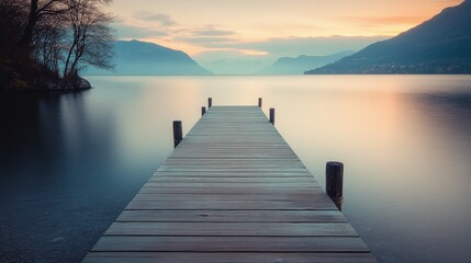 Fototapeta premium A tranquil dock extends over still waters into a misty lake, inviting contemplation amid serene beauty and soft pastel skies.