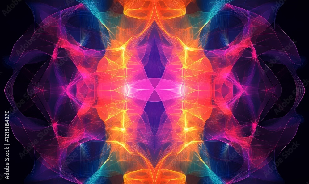 Poster colorful glowing lines form abstract symmetrical pattern.