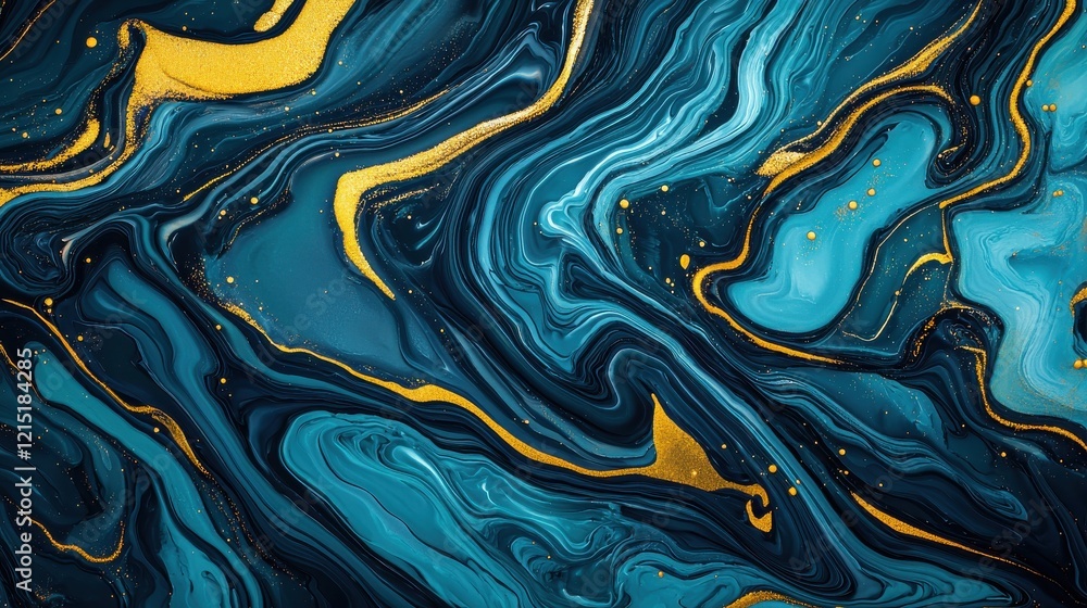 Poster a vibrant abstract featuring swirling shades of blue and gold, creating a dynamic and fluid visual e