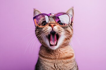 Surprised cat with sunglasses studio photography playful mood colorful background close-up fun concept