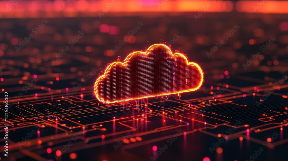 Poster a glowing orange cloud icon sits above a digital grid, symbolizing cloud computing and data connecti