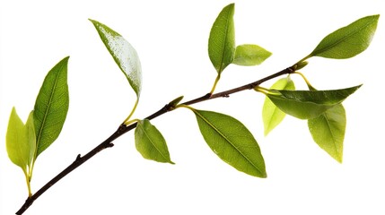 Naklejka premium Fresh Green Leaves on A Thin Branch Isolated On White Background