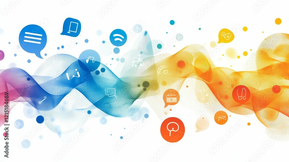 Poster abstract waves with communication icons and colored dots.