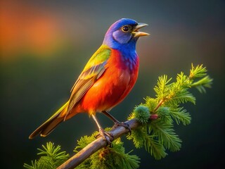 Obraz premium Painted Bunting Singing at Dawn: Low Light Bird Photography