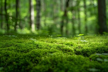 Close up view of vibrant green moss covering the forest floor, with small plants sprouting and blurred trees providing a soft backdrop