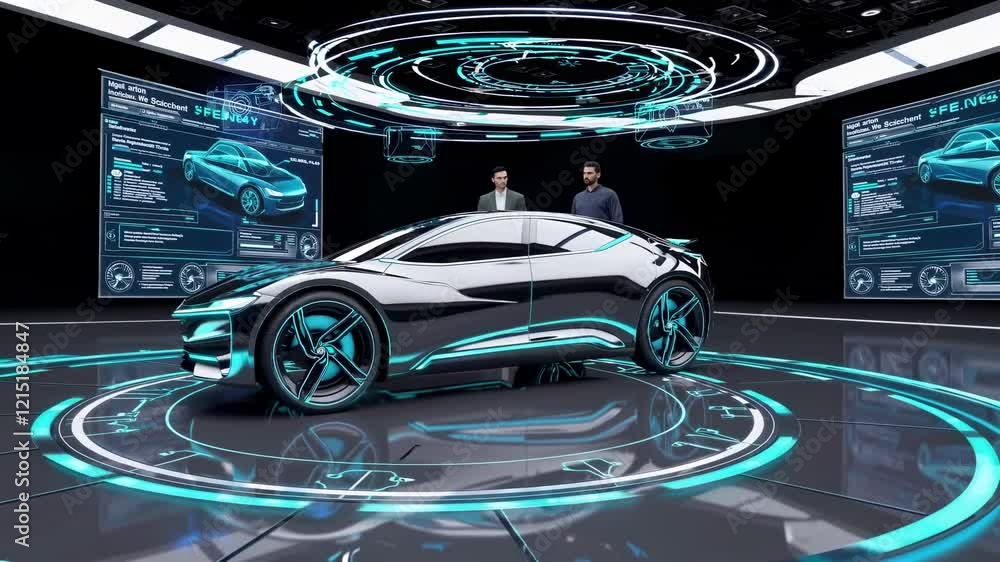 Poster advanced electric vehicle presentation in a futuristic digital environment with interactive features