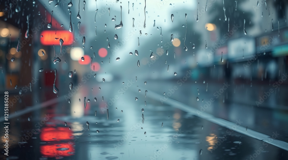 Wall mural soft, drizzling rain falls on reflective surfaces in a wet, rainy scene wallpaper desktop background | generative AI