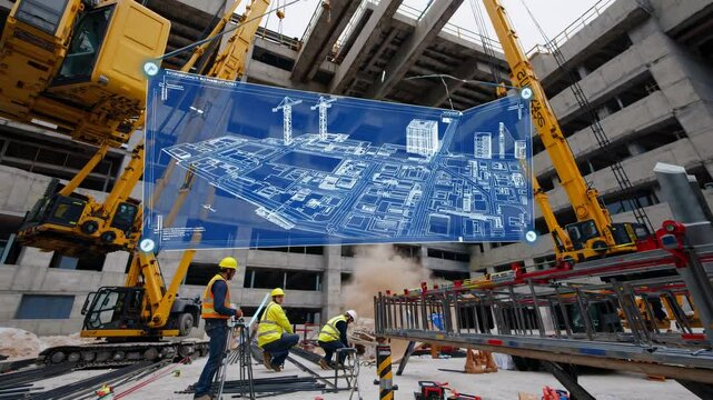Innovative construction site in urban area showcases advanced technology and teamwork during blueprint visualization
