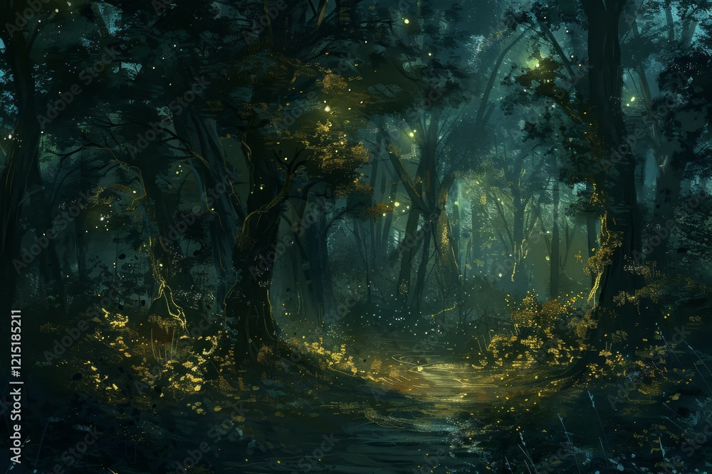 Poster fireflies illuminate a path through a magical forest at night, creating a mesmerizing and enchanting
