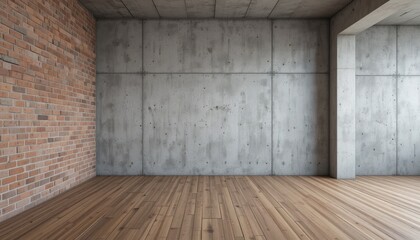 In an urban setting, a spacious interior showcases a contrast of rough brick and smooth concrete walls. The warm wooden floor adds a touch of elegance to the minimalistic design