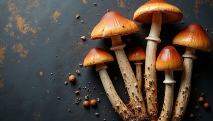 A cluster of striking mushrooms with golden caps and slender stems emerges from a textured, dark background. The rich colors and organic shapes evoke a sense of natures beauty and the mystery of the