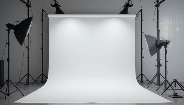 A spacious photography studio showcases a pristine white backdrop, surrounded by professional lighting equipment