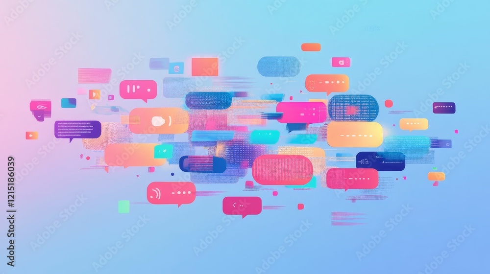 Poster various communication icons float on a colorful background.