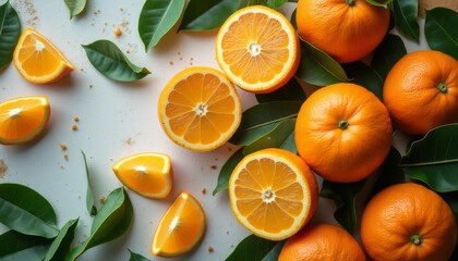 A stunning arrangement of whole and sliced oranges is beautifully complemented by lush green leaves, evoking a sense of freshness and vitality. The bright orange hues and the glossy leaves create a
