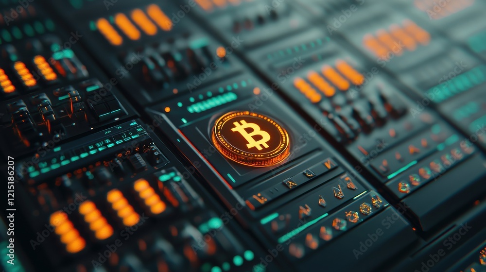Poster a close-up view of a bitcoin symbol displayed on a digital interface, surrounded by glowing buttons,