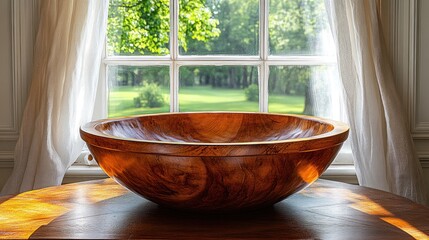 Fototapeta premium Large wooden bowl, sunlit window, garden view, home decor
